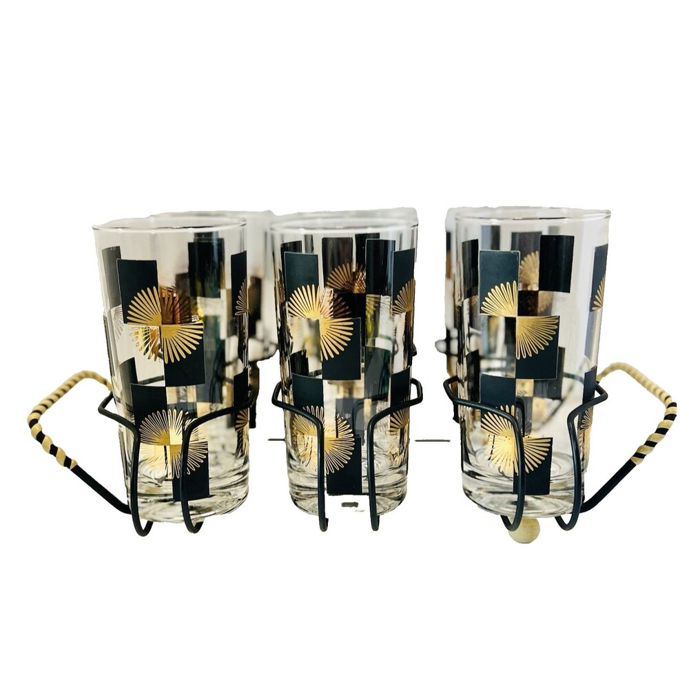 VTG. Highball Barware Gold Atomic Starburst MCM Glasses Black Squares set of 6